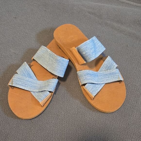 The Academy Brand Blue and Tan Sandals Modern Minimalist Design - Picture 3 of 6
